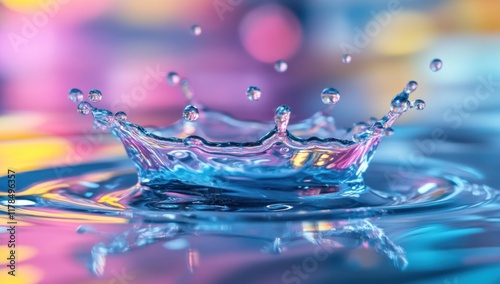 Vibrant blue water drop splash with colorful bokeh background.