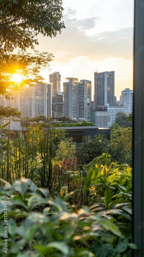 Fototapeta premium Urban Oasis Golden Hour Skyline View from Lush Garden