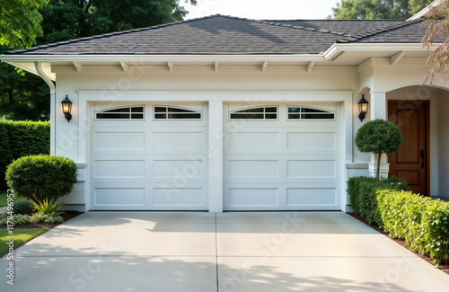 White two-car garage with light concrete driveway. Landscaping surrounds property. House well-maintained, presents modern, upscale design, ideal for spacious residence. Exterior detailed with