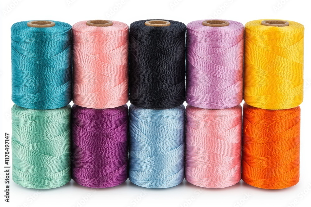 Colorful spools of sewing thread arranged in an organized display Colorful spools of sewing thread arranged in an organized display