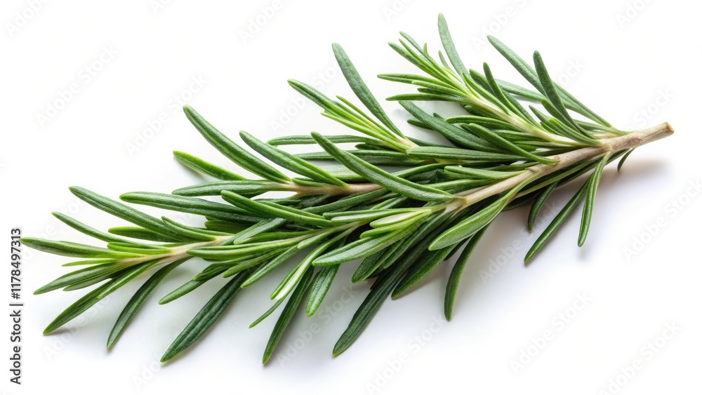 Fototapeta premium Drone Shot Rosemary Sprig - Culinary Photography, Fresh Herbs, White Background, Aromatic