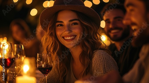 A joyful gathering with friends at a candlelit dinner, featuring wine and warm smiles.