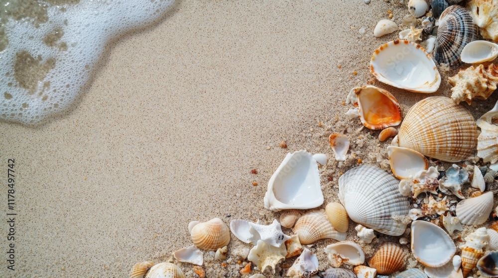Summer Beach Essentials - Seashells and Accessories on Sandy Shoreline Summer Beach Essentials - Seashells and Accessories on Sandy Shoreline