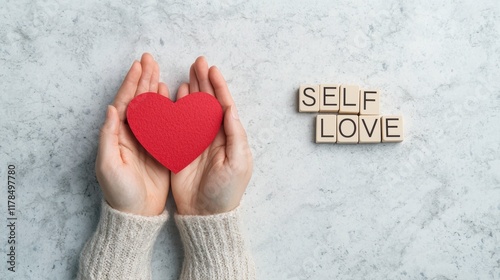 Hands gently holding a red heart with self-love message on a marble surface