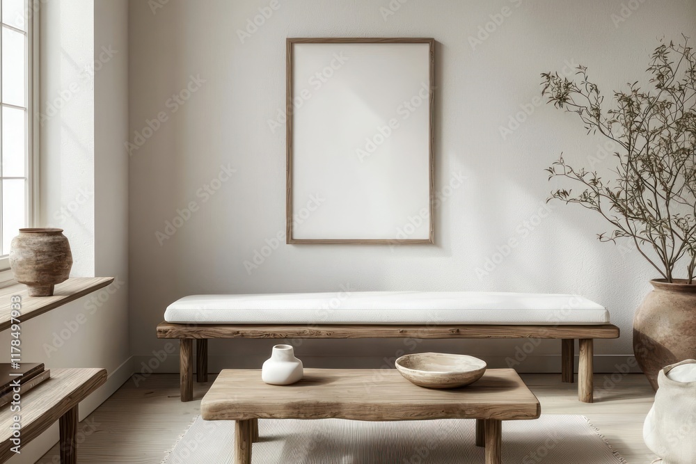 Fototapeta premium Bright room with white bench, wood table, and mockup poster set at an unusual angle, perfect for ad spaces.
