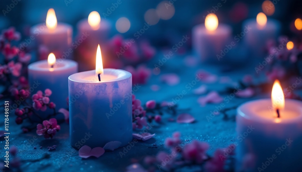 Blue Candles with Pink Flowers: Serenity and Tranquility Blue Candles with Pink Flowers: Serenity and Tranquility