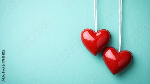 Two red hearts hanging together symbolizing love and connection on a pastel background