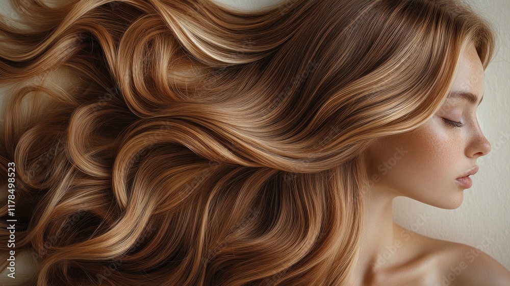 A close-up of flowing, wavy hair cascading elegantly beside a serene profile.