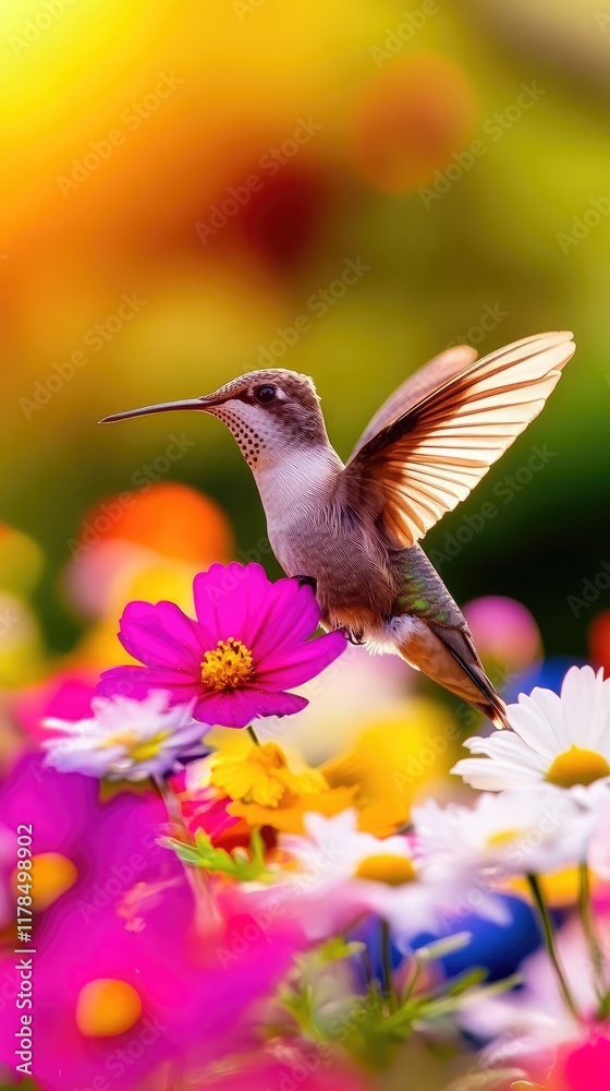 Fototapeta premium A hummingbird perched on vibrant flowers in a colorful garden setting.
