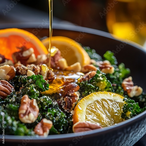 A close-up of a hot, healthy winter salad with kale, nuts, and citrus, garnished with a drizzle of olive oil, with blank space at the top for text