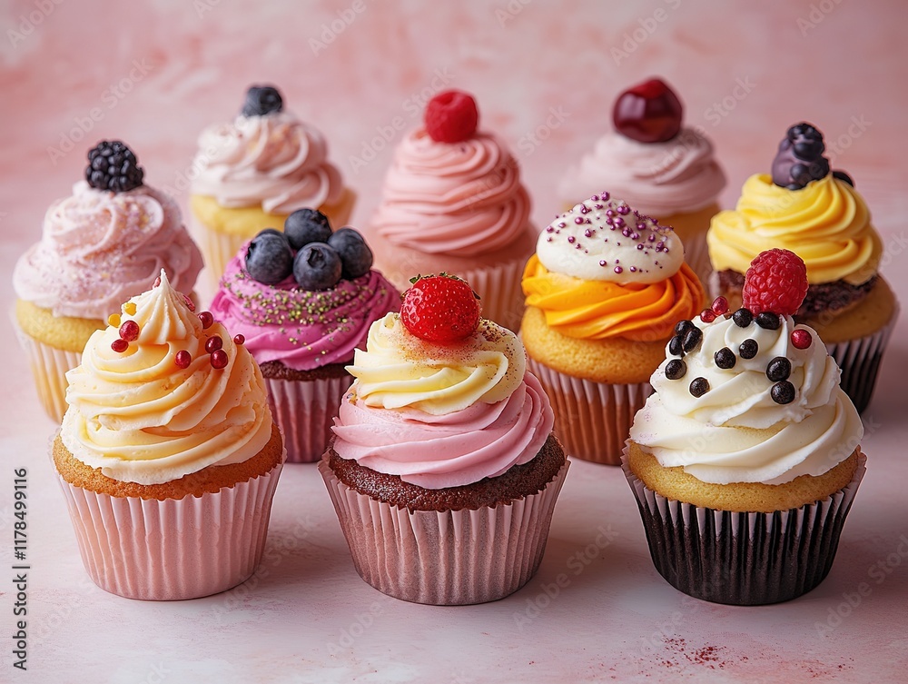 Colorful cupcakes with berries on pink backdrop. Colorful cupcakes with berries on pink backdrop.