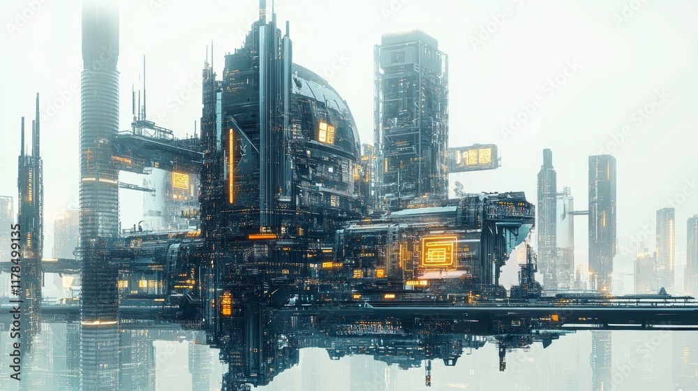 Naklejka premium Futuristic Big Data Network Illustration with Isolated Tech Structures on White Background