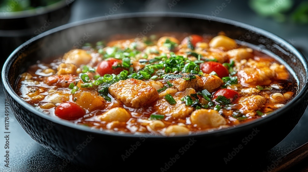 A steaming bowl of flavorful fish stew garnished with herbs and cherry tomatoes. A steaming bowl of flavorful fish stew garnished with herbs and cherry tomatoes.