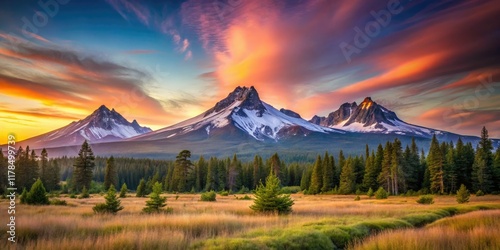 Early Morning Long Exposure Three Sisters Mountains Bend Oregon