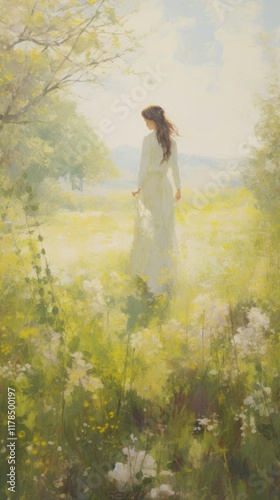Wallpaper Mural Young woman in a flower meadow in spring painting grassland outdoors. Torontodigital.ca