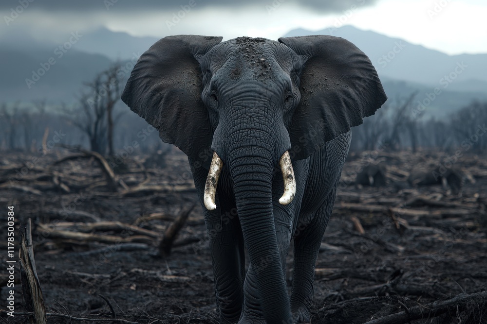 Fototapeta premium Surviving the flames endangered elephant in devastated forest fire aftermath - a wildlife photography close-up