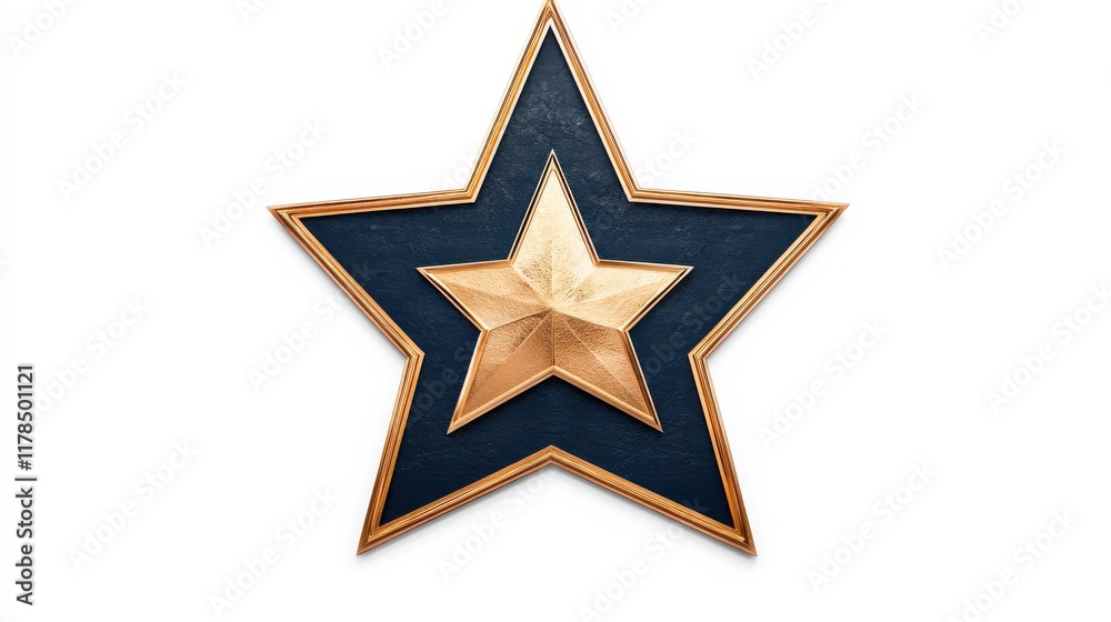 A decorative star badge featuring a gold star on a dark blue background, framed with a golden border.
