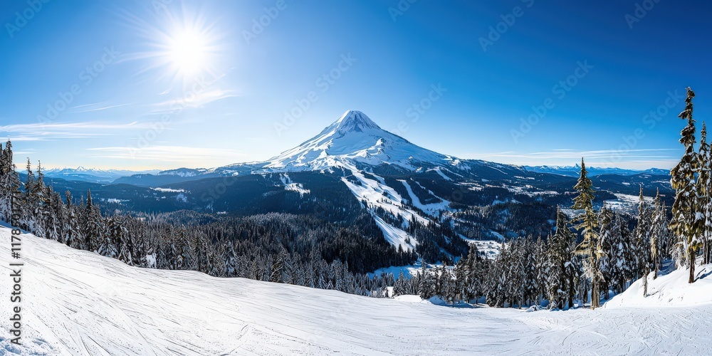 Fototapeta premium A majestic view of a snow-covered volcano under a bright, clear sky