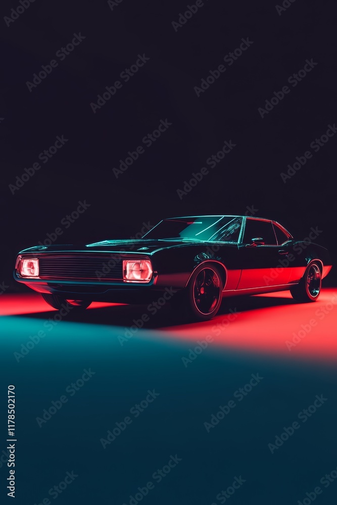 Fototapeta premium A black car with red lights on the front. The car is in a dark room with a blue background