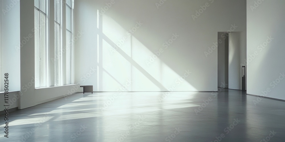 A large room with a white wall and a window. The window is open and the room is empty A large room with a white wall and a window. The window is open and the room is empty