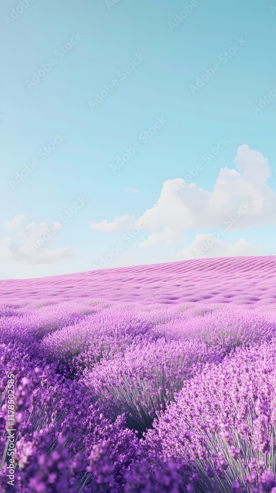 Obraz premium Tranquil lavender fields under a clear daytime sky, with rows of purple flowers stretching to the horizon. Captures the tranquility and beauty of nature