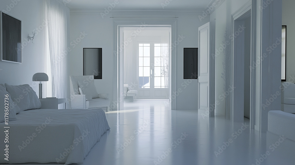 Fototapeta premium Minimalist luxury white bedroom with soft, airy ambiance