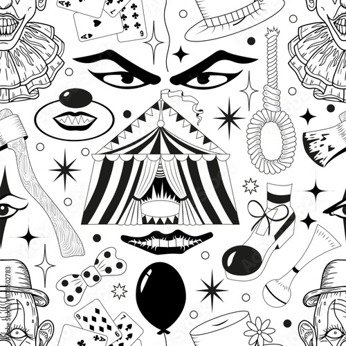 Seamless pattern with circus symbols and items with clowns, carnival tents, carousel, balloon isolated on white. Vector cartoon illustration