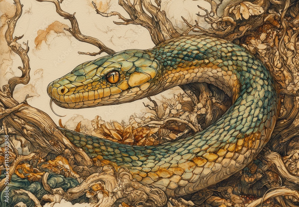 Obraz premium Enchanted Forest Snake Illustration