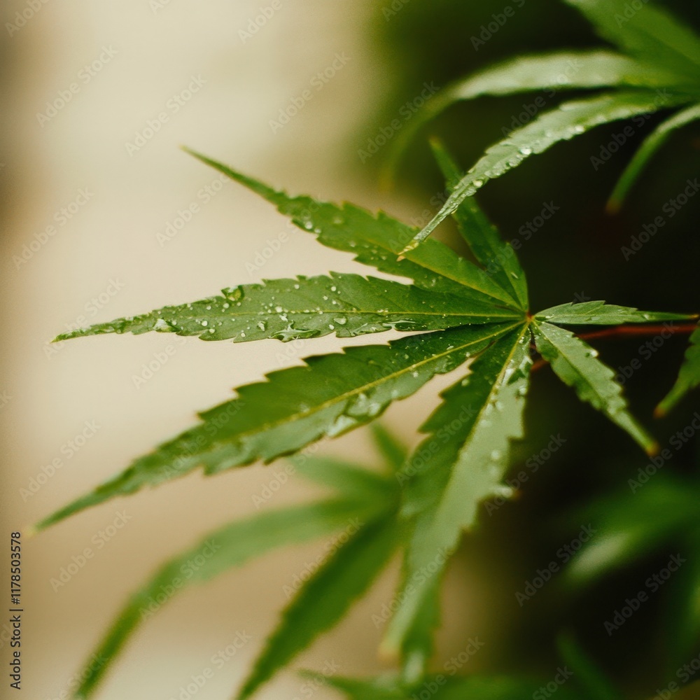 Lush Green Cannabis Leaf with Dew Drops Nature Photography Lush Green Cannabis Leaf with Dew Drops Nature Photography