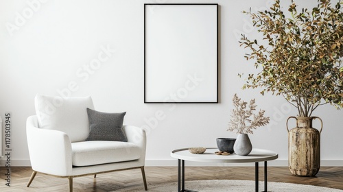 Scandinavian room with white couch, glass coffee table, and tilted 3D mockup frame for visual impact.