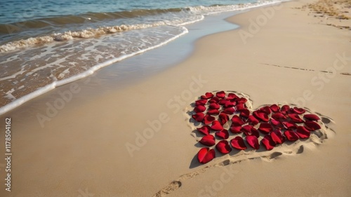 A heart of red rose petals on a sandy beach with gentle waves behind.