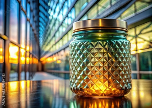 Elegant Embossed Glass Jar, Metallic Lid, Architectural Photography photo