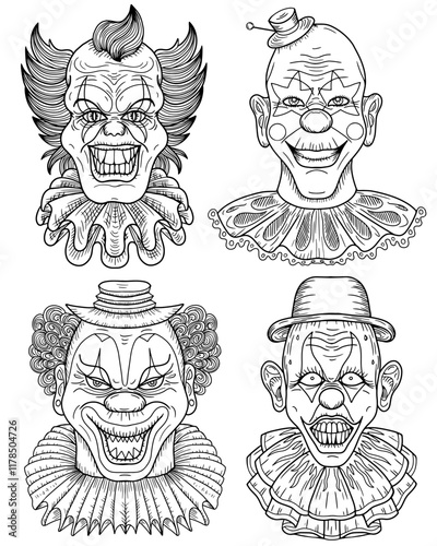 Hand drawn design set of line art crazy clowns with scary painted faces, red lips, funny hair for mascot, t-shirt, stickers, clipart isolated on white. Vector cartoon illustration