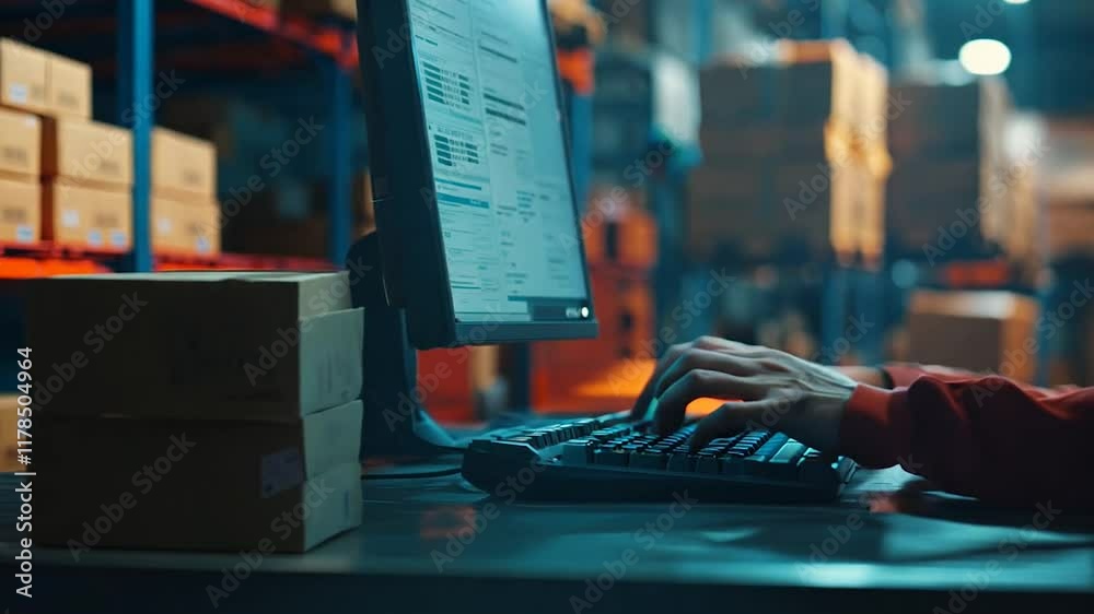 Warehouse Clerk Computer A close-up of a warehouse worker's hands typing on a computer, managing ...