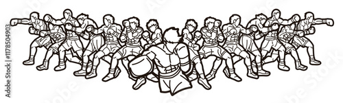Group of Boxer Boxing Sport Kickboxing Muay Thai  Mix Action Cartoon Outline Graphic Vector