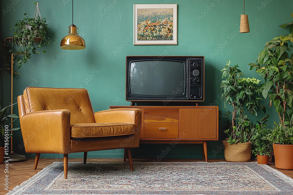 Fototapeta premium A cozy vintage living room showcasing a mid-century modern chair, wooden coffee table, and a retro television set. Perfect for themes of nostalgia, retro style