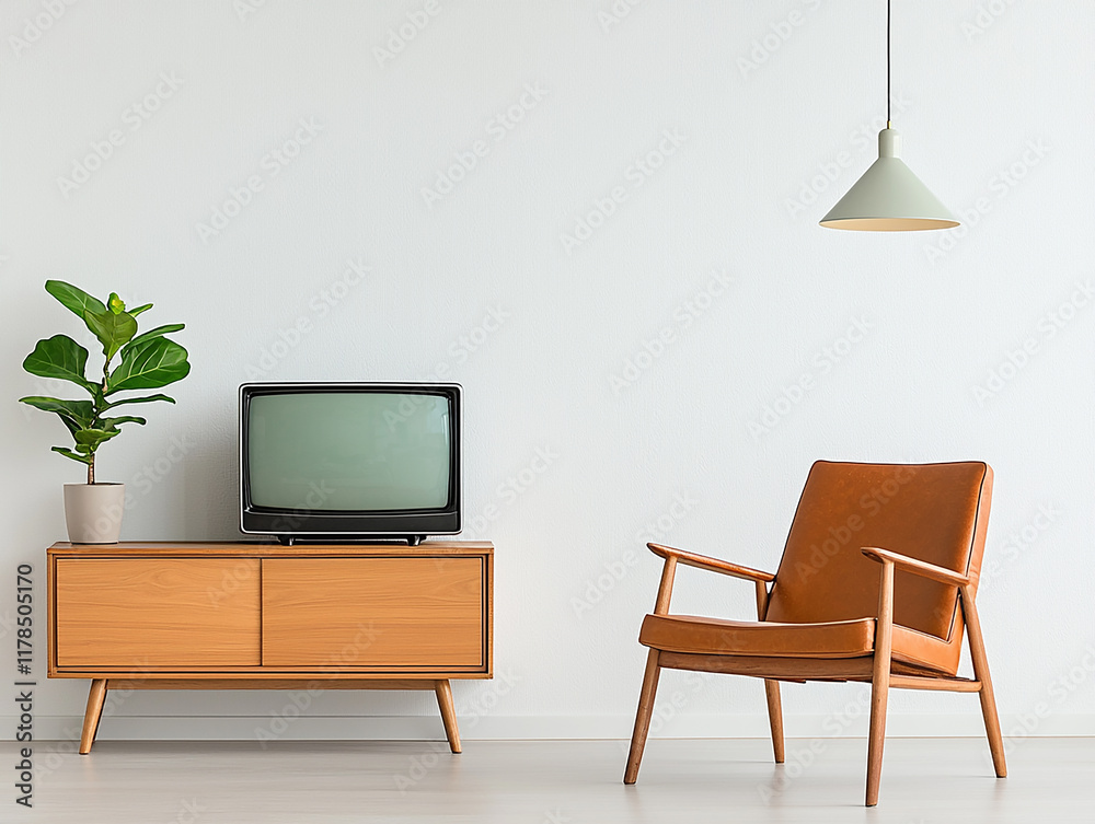 Fototapeta premium A cozy vintage living room showcasing a mid-century modern chair, wooden coffee table, and a retro television set. Perfect for themes of nostalgia, retro style