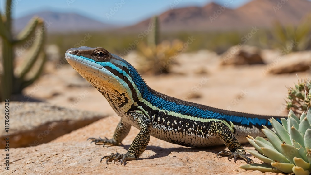 Naklejka premium Sunlit Serenity: A Blue-Tailed Skink Basking on a Desert Rock