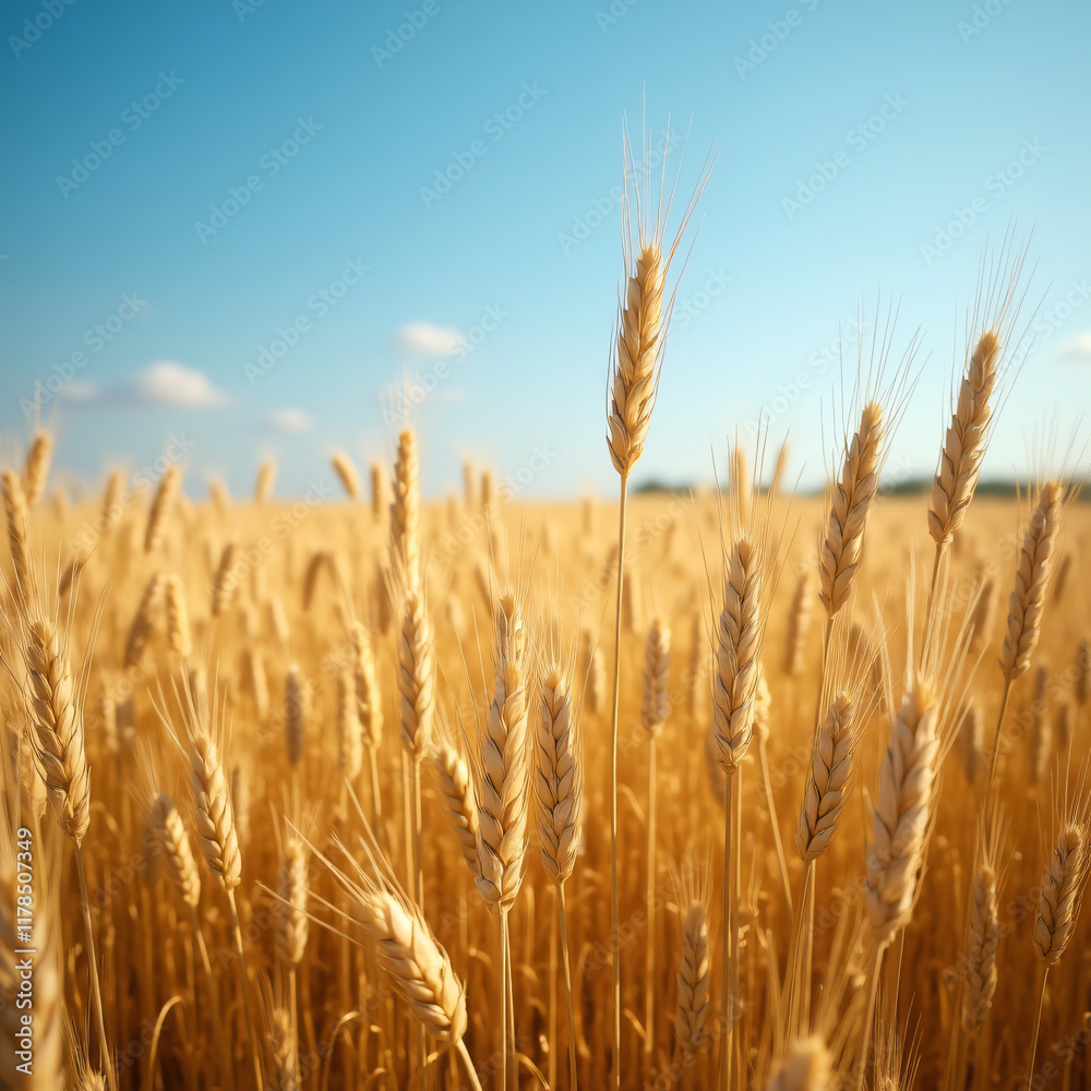 Golden wheat field swaying under a blue sky Golden wheat field swaying under a blue sky