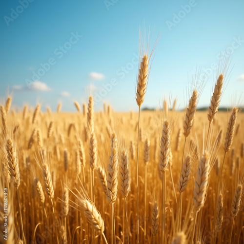 Golden wheat field swaying under a blue sky