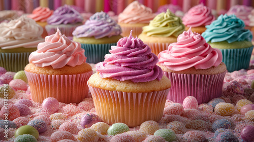 A delightful close-up shot of assorted colorful cupcakes adorned with creamy frosting, surrounded by an array of pastel candies. Perfect for celebrating birthdays or any special occasion! photo