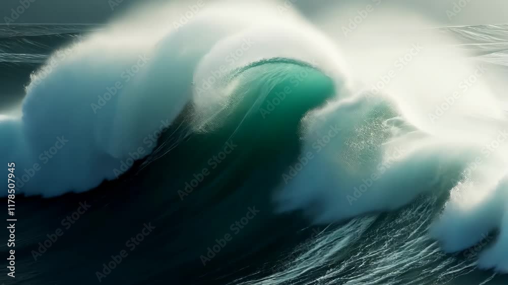 A powerful and immense wave crashes amidst the vast expanse of the ocean, Giant ocean waves churned up by a storm