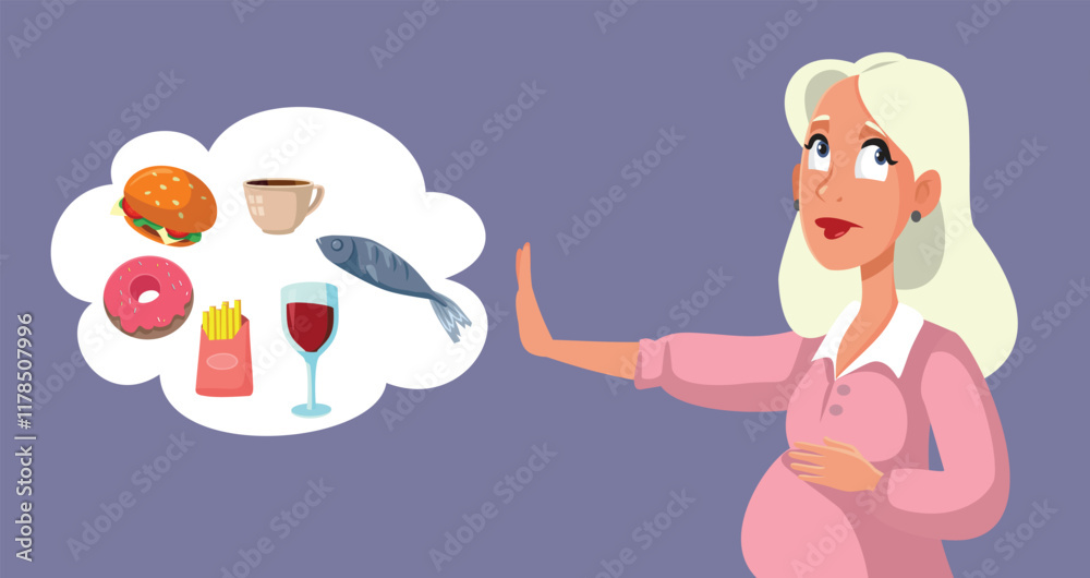Pregnant Woman Refusing Risky Food in Pregnancy Vector Illustration. Mother to maintain a proper nutrition during pregnancy
Pregnant Woman Refusing Risky Food in Pregnancy Vector Illustration. Mother to maintain a proper nutrition during pregnancy