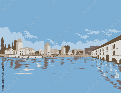 WPA poster art of the Ponts Couverts and Barrage Vauban or Vauban Dam on the River III in Strasbourg in Grand Est region, formerly Alsace France done in works project administration art deco style.

