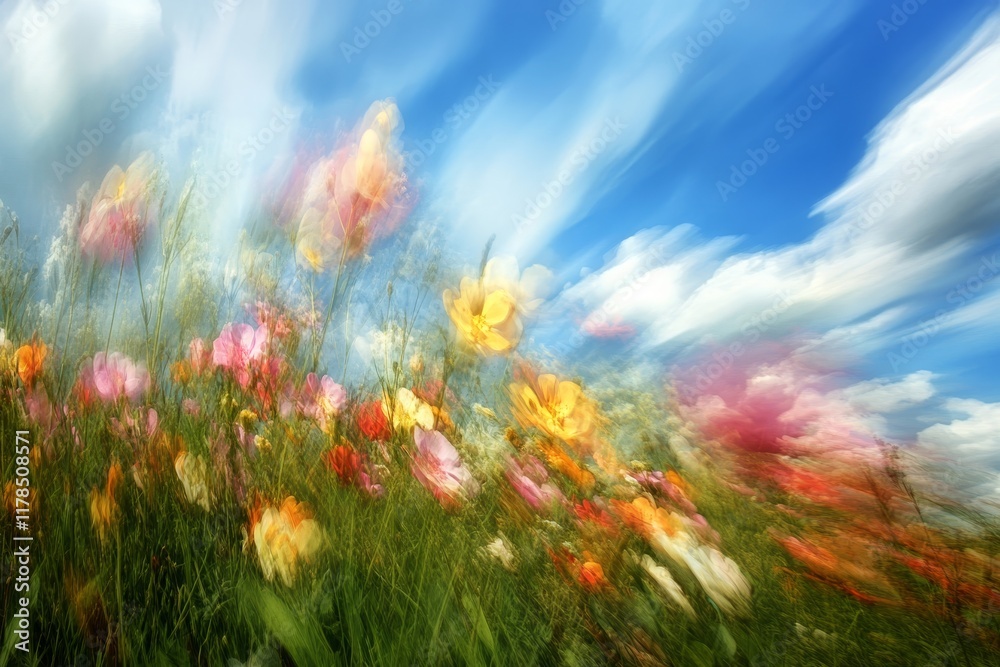 Obraz premium Dynamic motion blur captures colorful wildflowers under a vivid blue sky, creating an abstract, energetic scene.