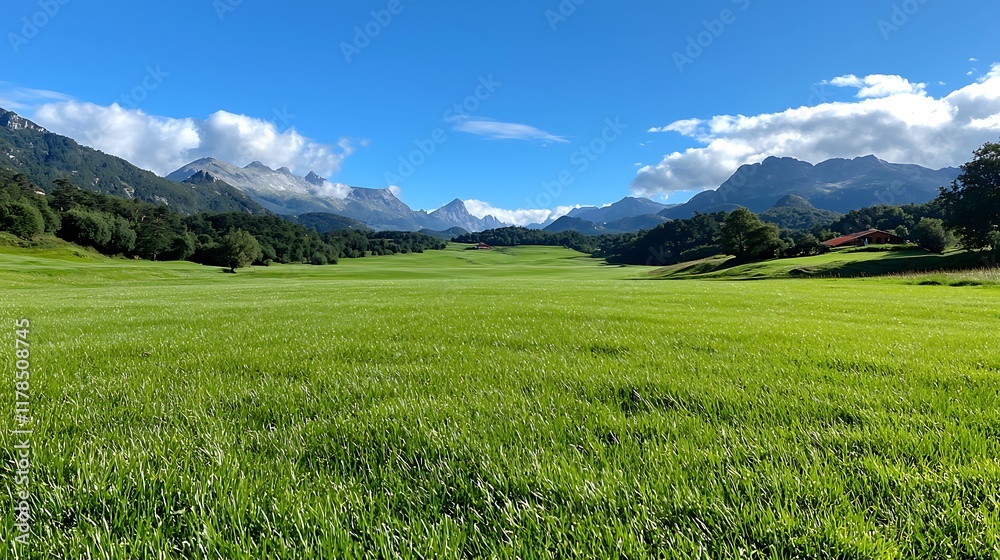 Lush green meadow with mountain backdrop under a bright blue sky. Lush green meadow with mountain backdrop under a bright blue sky.