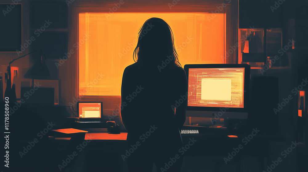 Fototapeta premium オレンジ色の部屋で夜遅くまで働く女性のシルエット、コンピューターデスクの前
