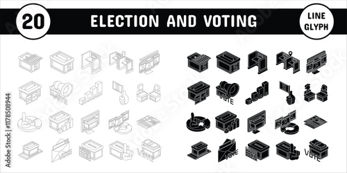 Election and Voting Line Glyph Vector Illustration Icon Sticker Set Design Materials