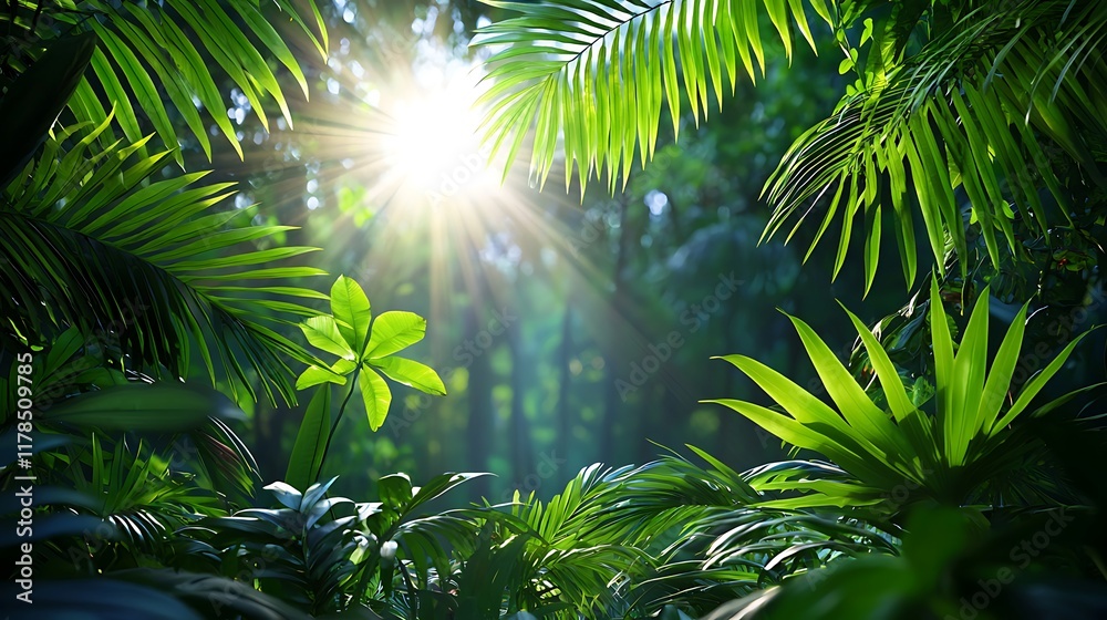 Obraz premium Lush green tropical rainforest with sunlight streaming through leaves.