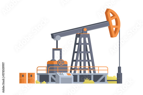 Pumpjack Oil Rig. Editable Vector Illustration of Oil Drill and Industrial Structure on White Background